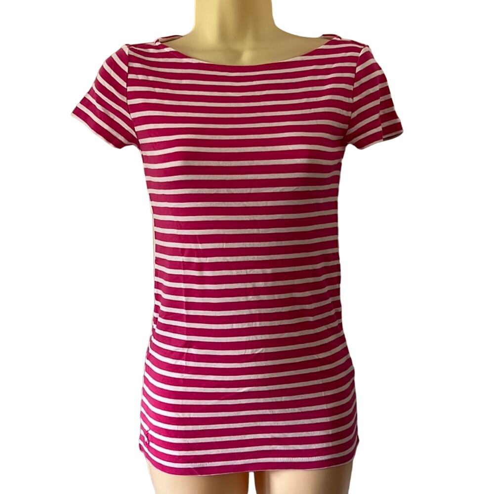 Ralph Lauren Size S Pink & White Striped Knit Top Slim Fit Short Sleeve